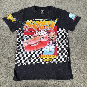 Disney Cars Shirt Mens Large Black Lightning McQueen AOP Pixar Short Sleeve